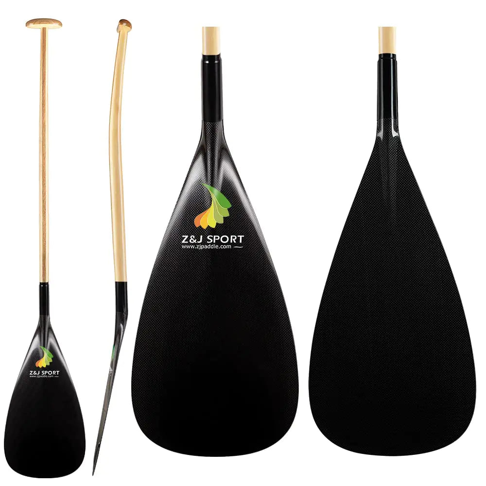 Z&J SPORT Hybrid Outrigger Paddle Teardrop Shape Carbon Blade for Outrigger Canoe Waka AMA va’a Wooden Bent Shaft and 12°Offset (S46")