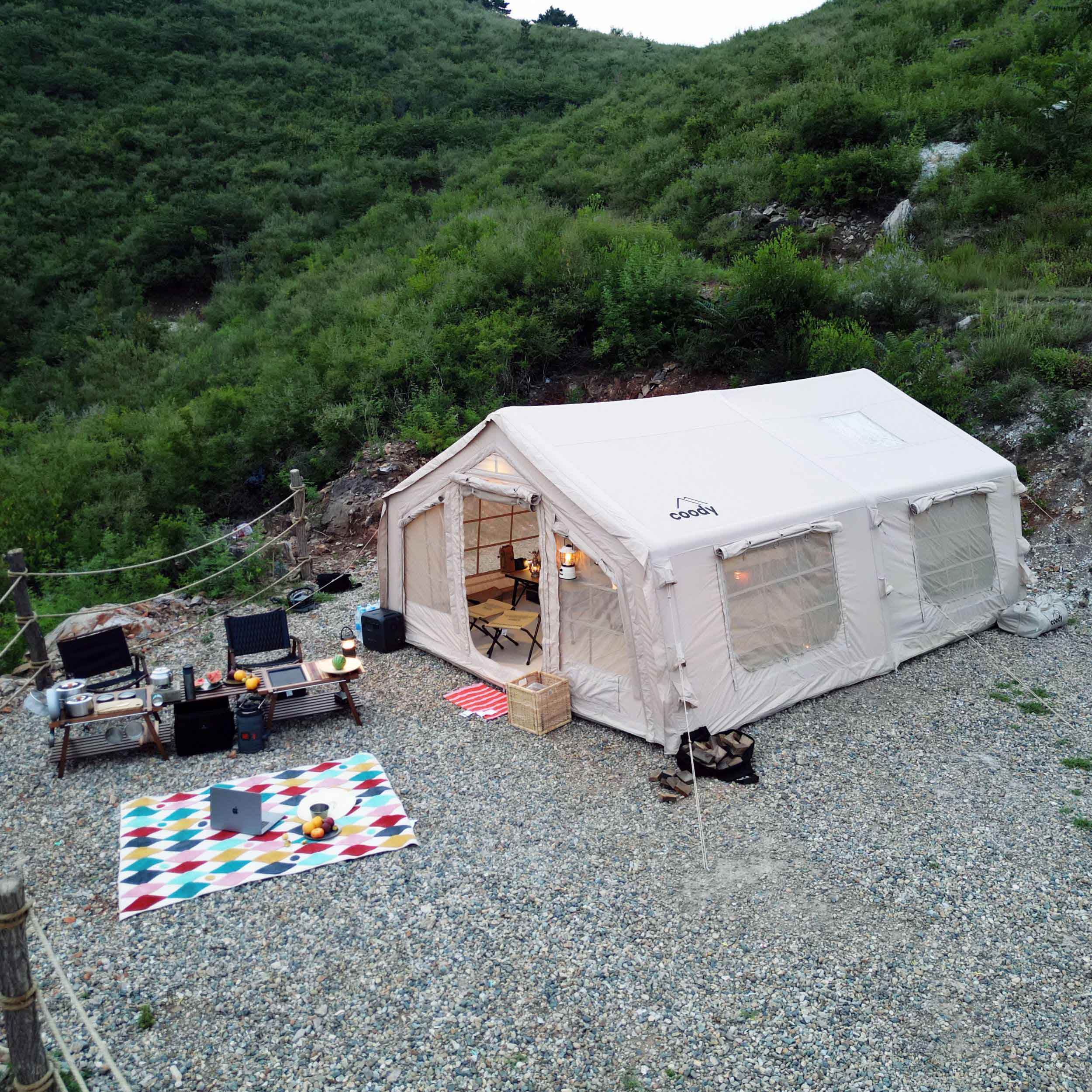 Coody 17.2 | RBM Outdoors (Koala 7) Beige + Stove Caminus M - Inflatable Tents for Camping with Stove | Backcountry Sportsman