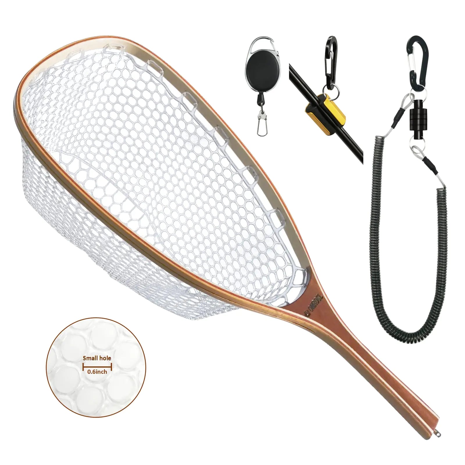 ONROCL Fly Fishing Net Trout Net with Magnetic Release and Rod Holder Wooden Frame Landing Net with Soft Rubber Mesh for Catch and Release (Clear Small Holes) | Backcountry Sportsman